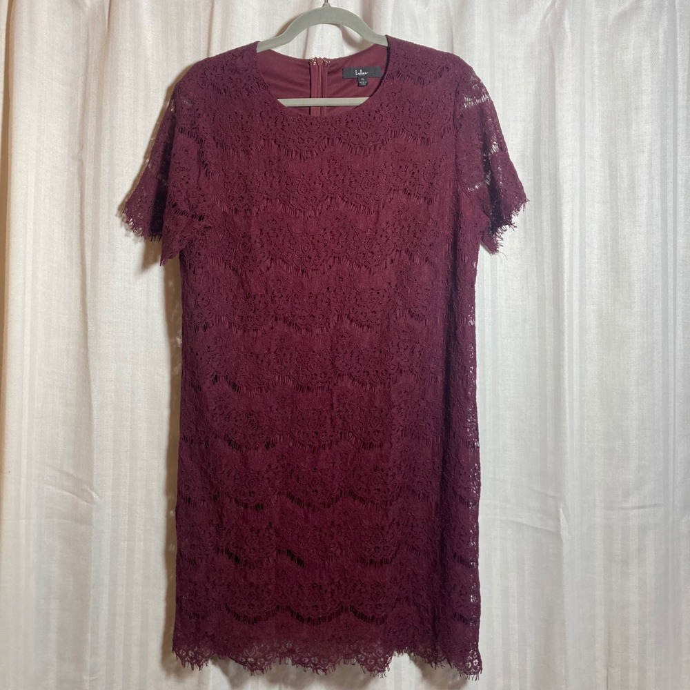 Lulus Burgundy Lace‎ Shift Dress Short Sleeve Eyelash Trim Wine Red XL Brunch